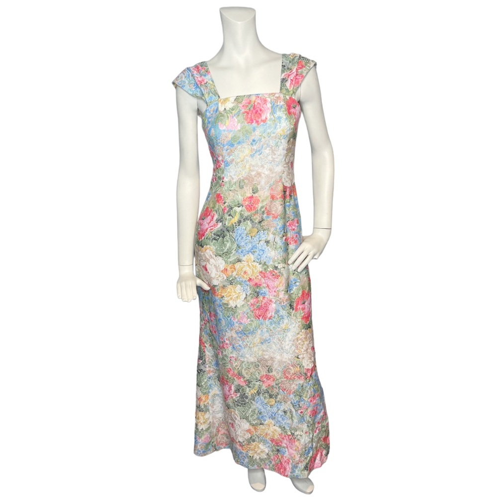 Vintage Floral Jacquard Dress Lined Tie Back  Small